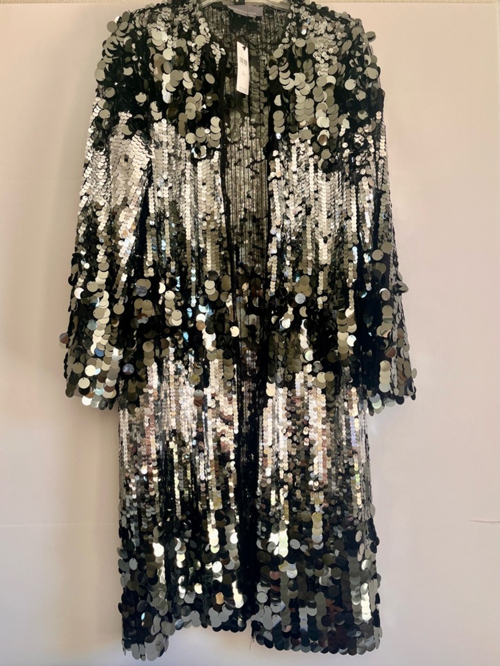 Abercrombie Paillette Bell Long Sleeve Duster Black Silver Sequin One Size NWT